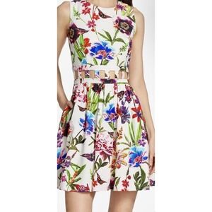 NWT LDT Paris Floral Cotton Linen Mini Dress Size 12 Flared Skirt Cut Outs